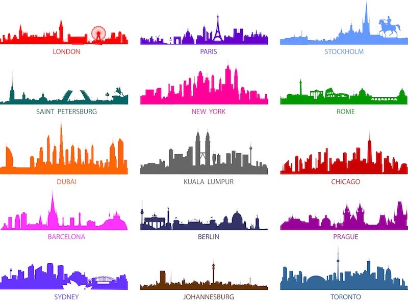 Siluetas De Ciudades Coloreadas Del Mundo - Papel Pintado