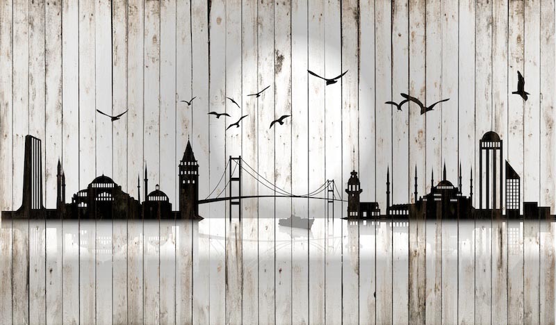 Estambul Silueta En La Pared De Madera - Papel Pintado