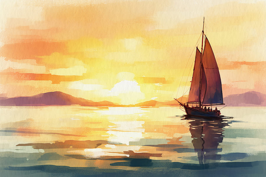 Velero al Atardecer en Acuarela - Papel Pintado
