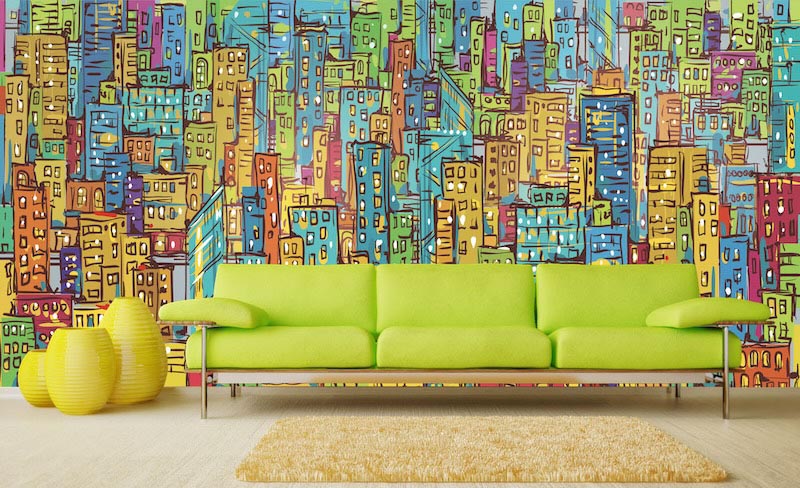 Bosquejo de la ciudad de rascacielos - Papel decorativo para pared aplicado