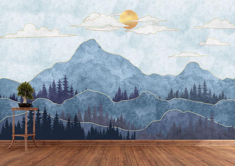 Paisaje artístico de montaña - Papel decorativo para pared aplicado