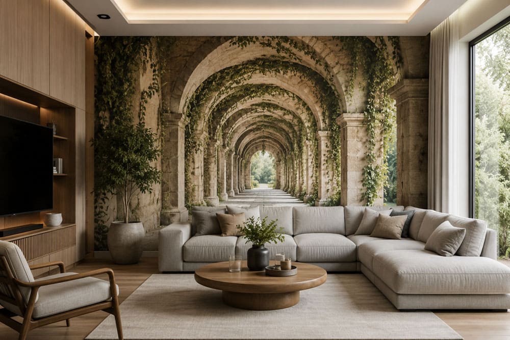 Papel pintado fotográfico 3D con efecto de profundidad instalado en un salón moderno