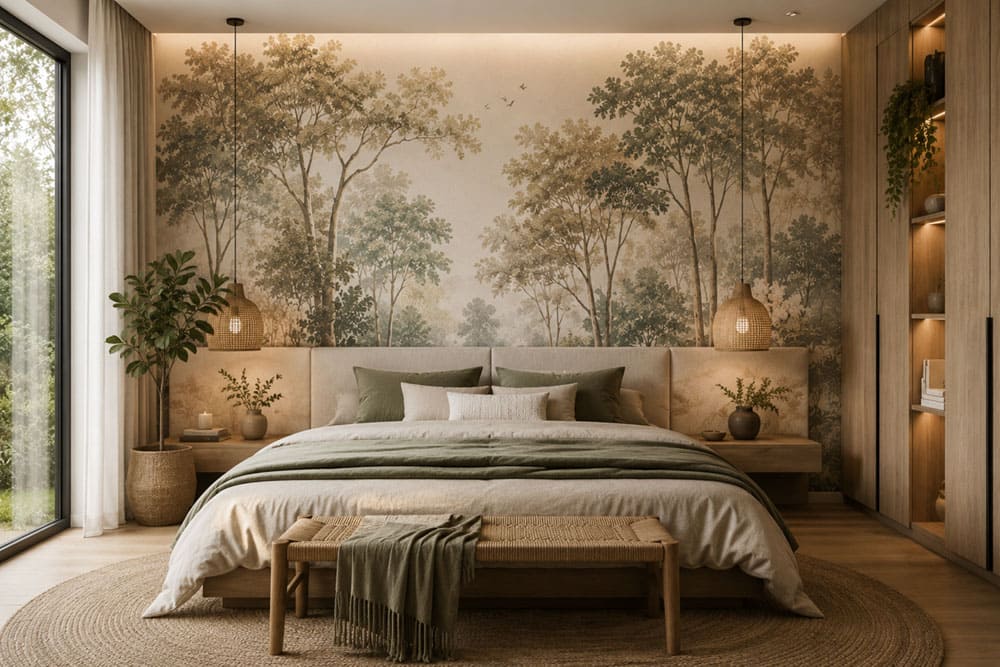 Papel pintado inspirado en la naturaleza y en tonos neutros instalado en la pared detrás de una cama, siguiendo una de las principales tendencias de 2026