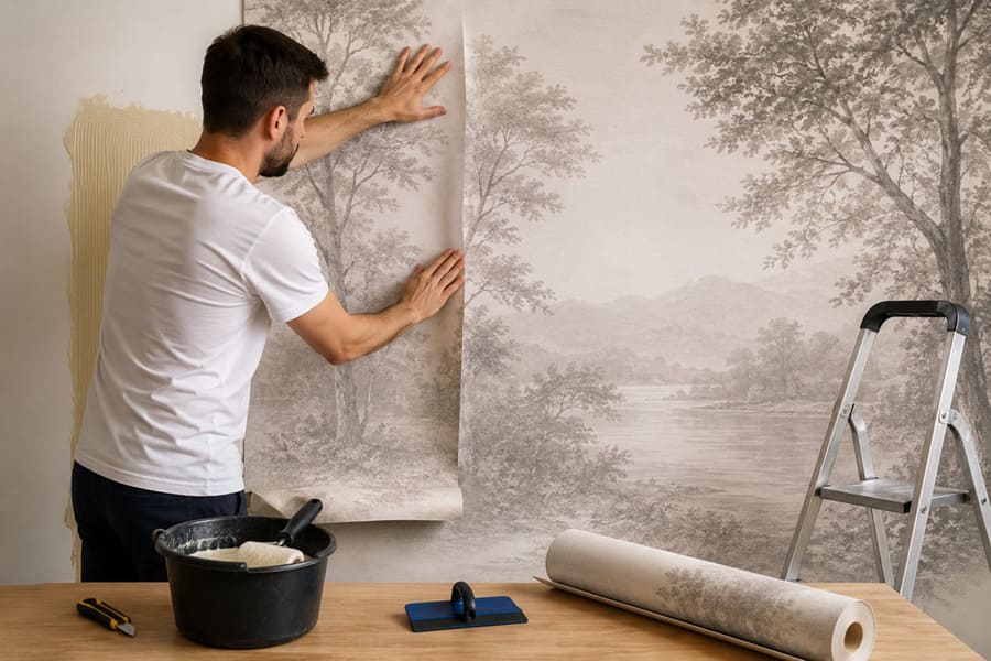 Instalación de papel pintado con cola ajustando un panel sobre la pared