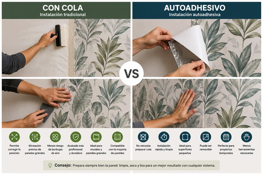Comparación de instalación de papel pintado con cola y papel pintado autoadhesivo
