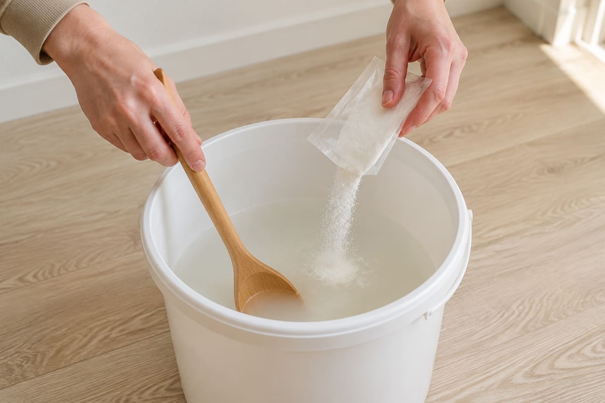 Preparación con agua del adhesivo para papel pintado incluido