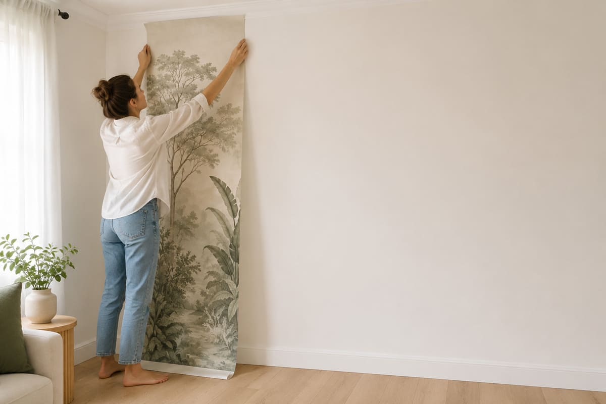 Colocación del primer panel de papel pintado sobre la pared