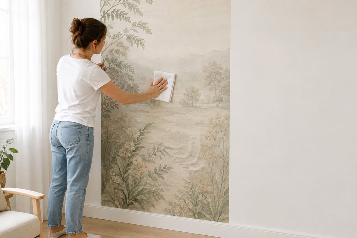 Alisado suave del papel pintado con un paño limpio